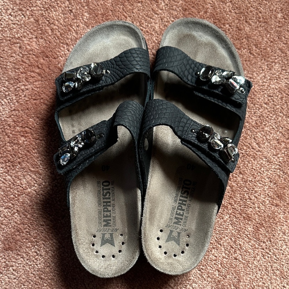 Women's MEPHISTO Hana Footbed Slides Sandals Black Croc Gems Rhinestones Jewels